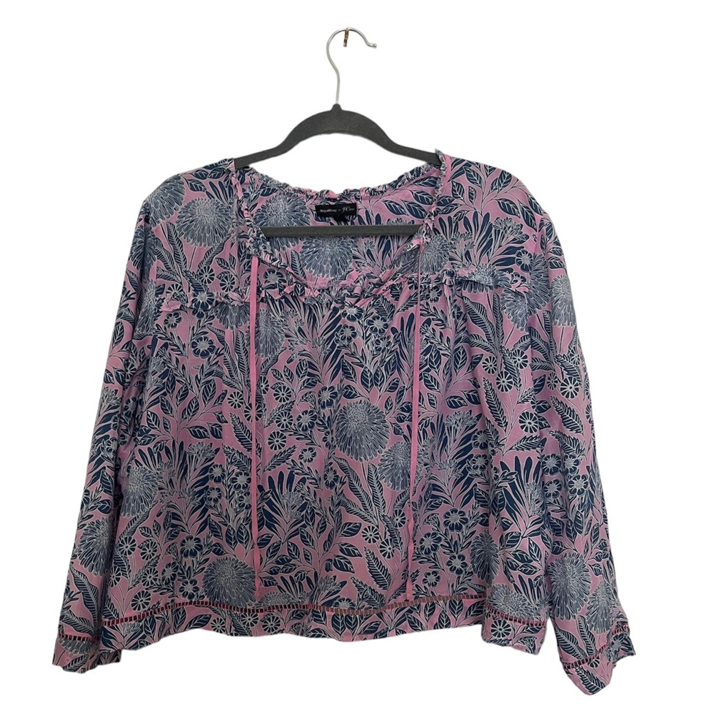 J. Crew Pink and Navy Floral Peasant Blouse